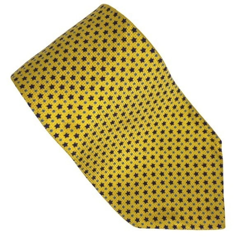 Tommy Hilfiger Mens Italian Silk Jacquard Tie Yellow Blue‎ Star Pattern Preppy